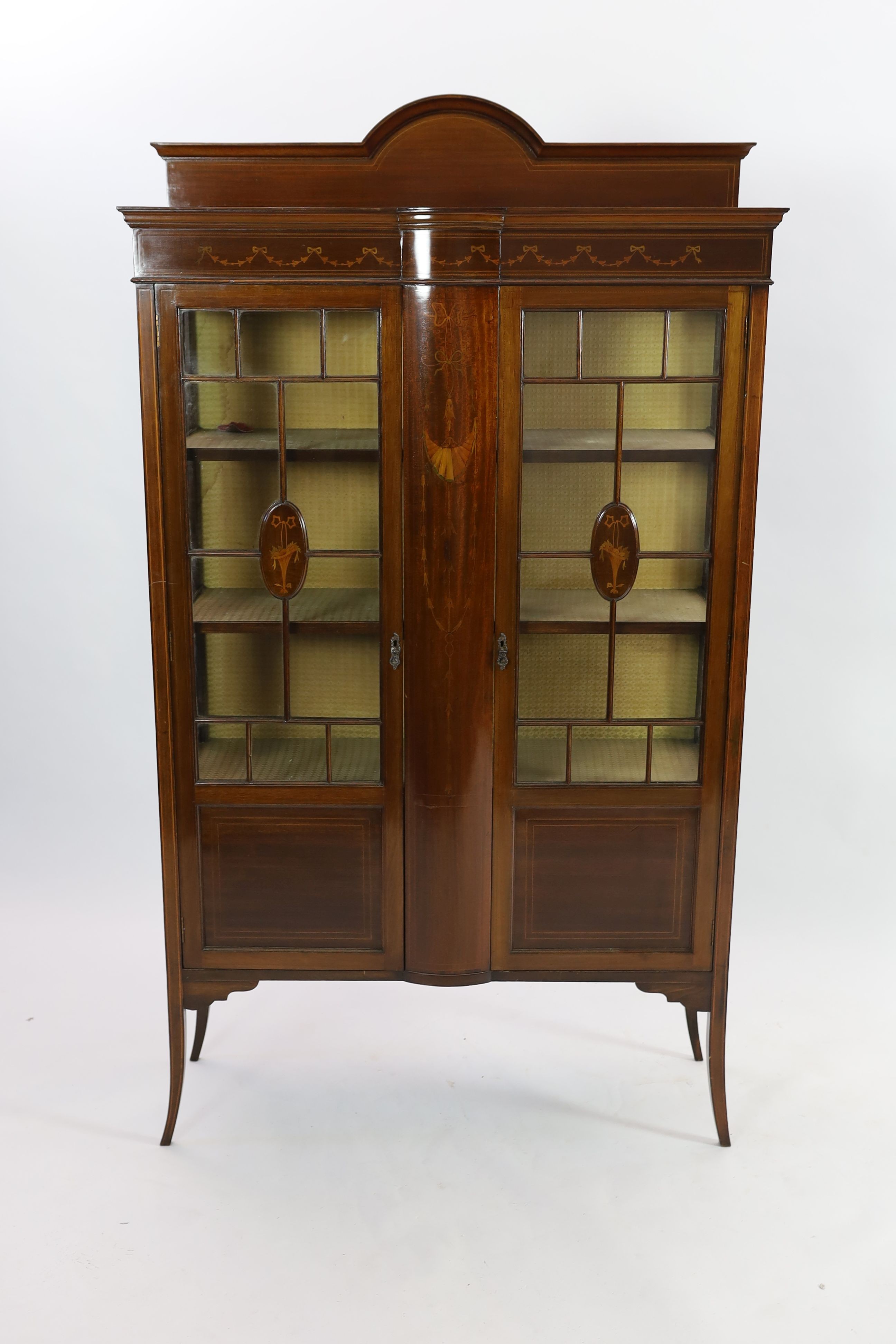 An Edwardian marquetry inlaid mahogany display cabinet, width 107cm depth 36cm height 191cm